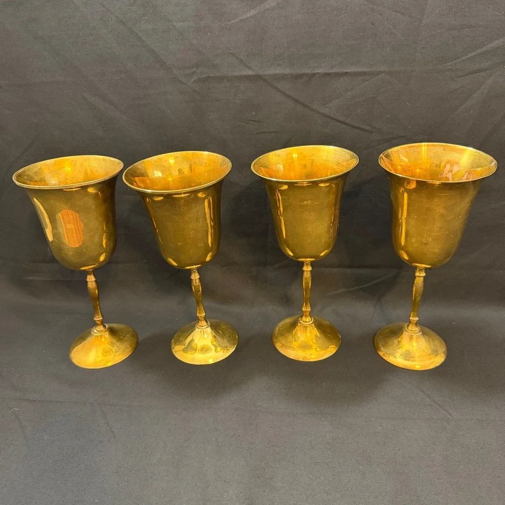 Vintage Solid Brass‎ Goblets Set of 4 Made in India Wine Water Chalice Gold Tone